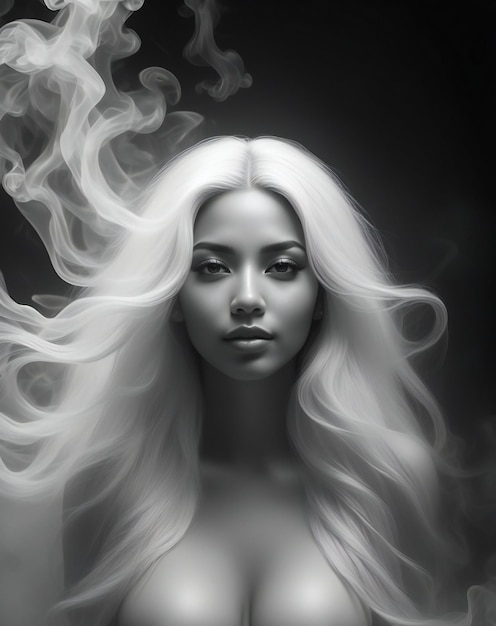 Retrato de uma bela mulher com cabelo branco e fumaça no rosto