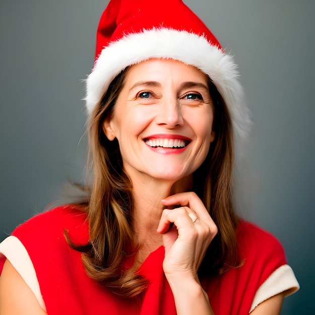 Retrato de uma bela mulher com um chapéu de Papai Noel sobre um fundo cinzento