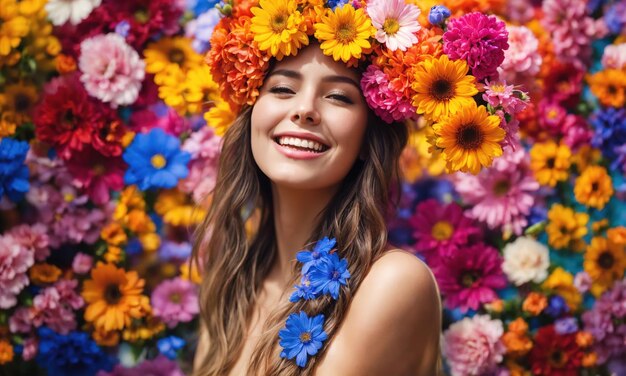 Foto retrato de uma bela mulher com uma coroa de flores na cabeça