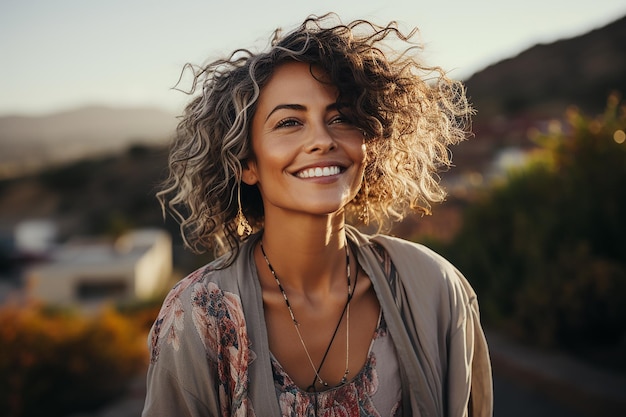 retrato de uma bela mulher de 50 anos de idade com cabelos grisalhos um grande sorriso em roupas de ioga