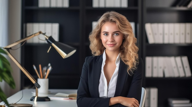 Retrato de uma bela mulher de negócios olhando para a câmera e sorrindo Fonte de escritório Conceito de sucesso empresarial e profissional feminino Mulher com cabelo encaracolado Vestuário formal Ai generativo