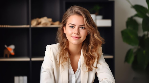 Retrato de uma bela mulher de negócios olhando para a câmera e sorrindo Fonte de escritório Conceito de sucesso empresarial e profissional feminino Mulher com cabelo vermelho Vestuário formal Ai generativo