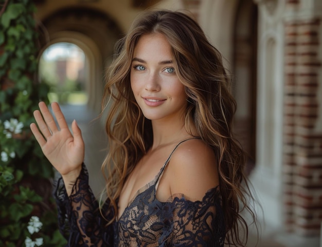 Foto retrato de uma bela mulher de vestido azul