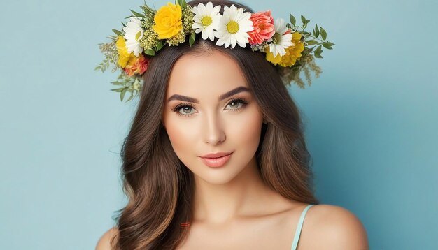 Retrato de uma bela mulher em roupas de verão com uma coroa de flores na cabeça