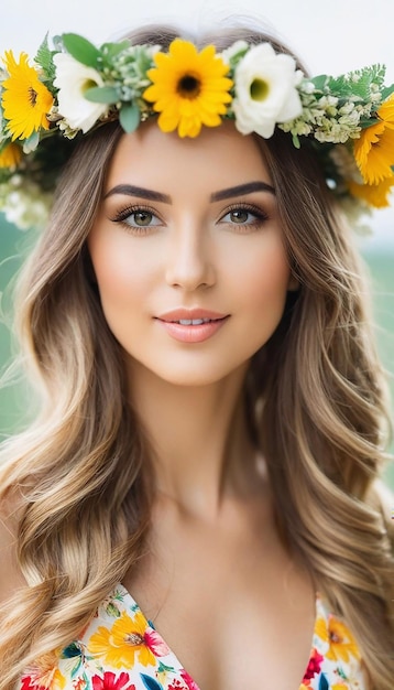 Retrato de uma bela mulher em roupas de verão com uma coroa de flores na cabeça