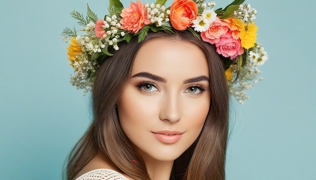 Retrato de uma bela mulher em roupas de verão com uma coroa de flores na cabeça