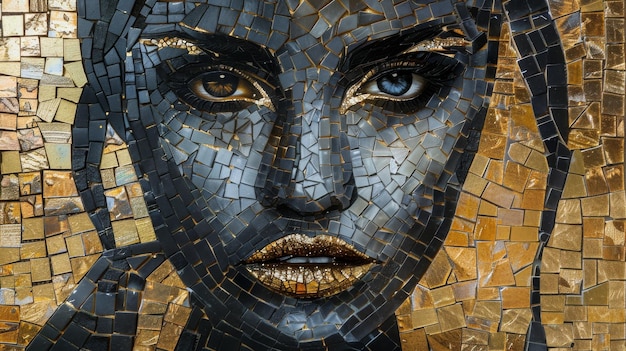 Retrato de uma bela mulher feito de pedaços de espelho quebrados com uma paleta de cores dourada e preta