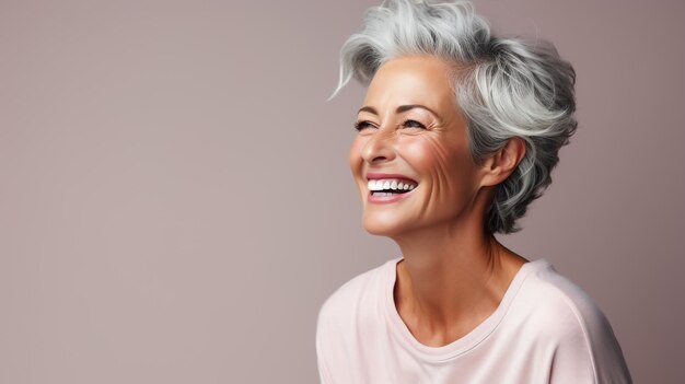 Foto retrato de uma bela mulher idosa rindo ao ar livre mulher madura com cabelos grisalhos desfrutando e sorrindo mulher mais velha alegre relaxando no jardim ao ar livre