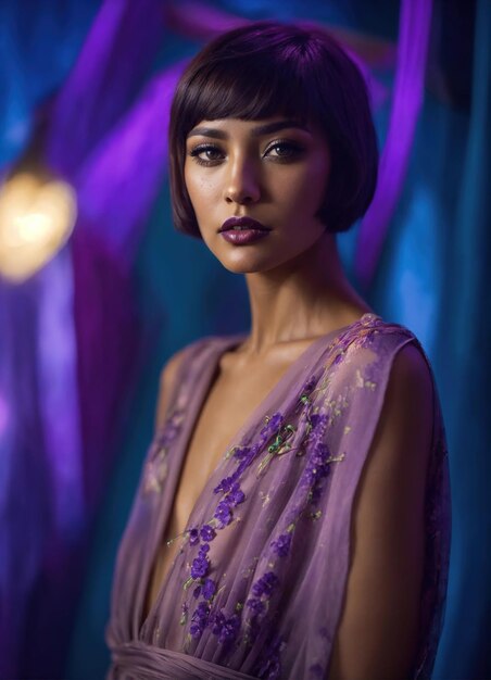 Retrato de uma bela mulher morena em um vestido roxo ai generativo