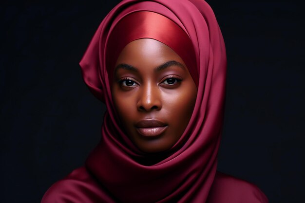 Retrato de uma bela mulher muçulmana africana de hijab vermelho