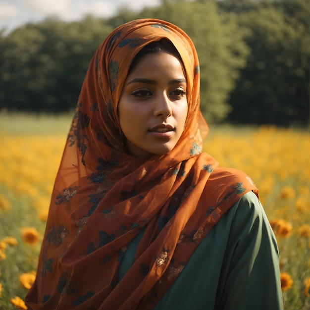 Foto retrato de uma bela mulher muçulmana de hijab olhando para a câmera