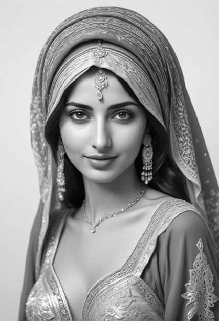 Retrato de uma bela mulher muçulmana em um véu foto em preto e branco