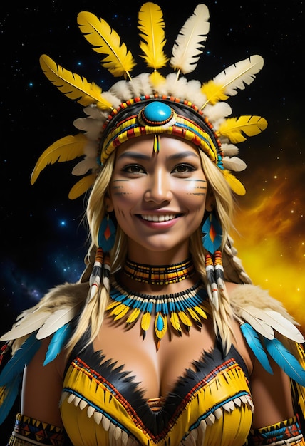 Retrato de uma bela mulher nativa americana no céu noturno