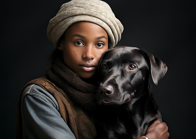 Retrato de uma bela mulher negra abraçando um cachorro conceito do Dia Mundial dos Animais IA gerativa