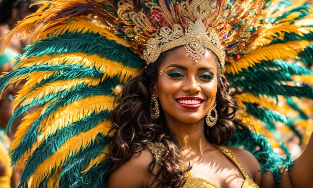 Retrato de uma bela mulher se apresentando no Carnaval do Rio com um chapéu de penas