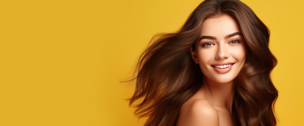 Retrato de uma bela mulher sorridente e feliz com pele perfeita e cabelo longo em um backgr amarelo