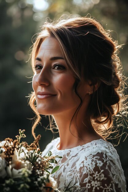 Retrato de uma bela noiva com um buquê de flores em suas mãos