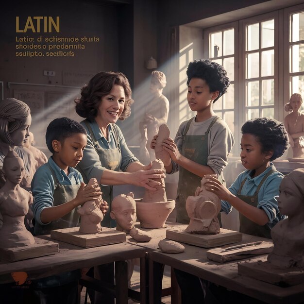 Retrato de uma bela professora de latim e seus alunos trabalhando com barro durante a aula de escultura