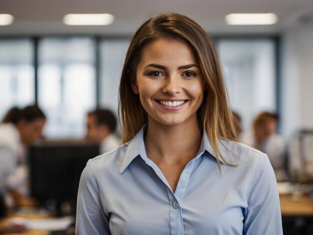 Foto retrato de uma bela trabalhadora sorridente ou gerente de empresa olhando para a câmera posando uma bela mulher foto de headshot de parceiro durante reunião corporativa ou negociações no escritório