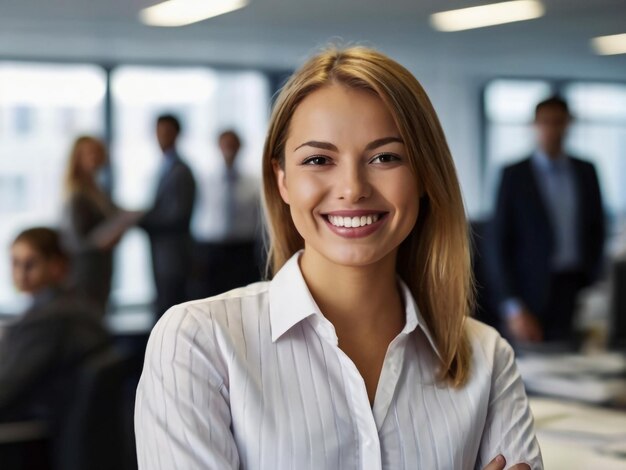 Foto retrato de uma bela trabalhadora sorridente ou gerente de empresa olhando para a câmera posando uma bela mulher foto de headshot de parceiro durante reunião corporativa ou negociações no escritório