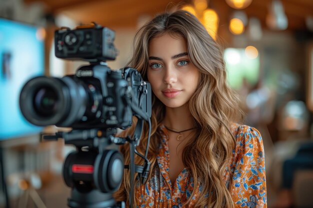 Retrato de uma bela videógrafa ou blogueira sorridente de pé ao lado da câmera em close-up extremo