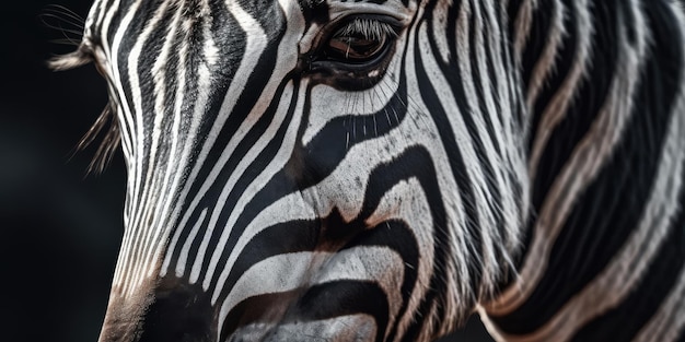 Retrato de uma bela zebra africana em close-up Macro fotografia em fundo escuro Generative AI