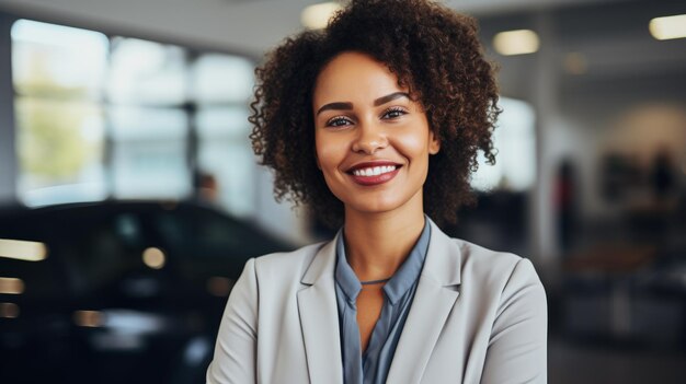 Foto retrato de uma bem-sucedida empresária afro-americana sorrindo em uma concessionária de carros