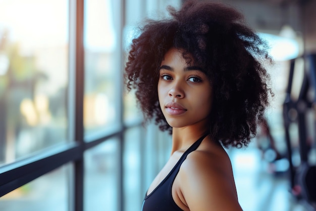 Retrato de uma boa garota negra no ginásio.