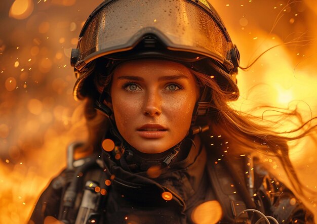 Foto retrato de uma bombeira vestindo uniforme completo de proteção contra incêndios e ocupada em um grande incêndio perigoso