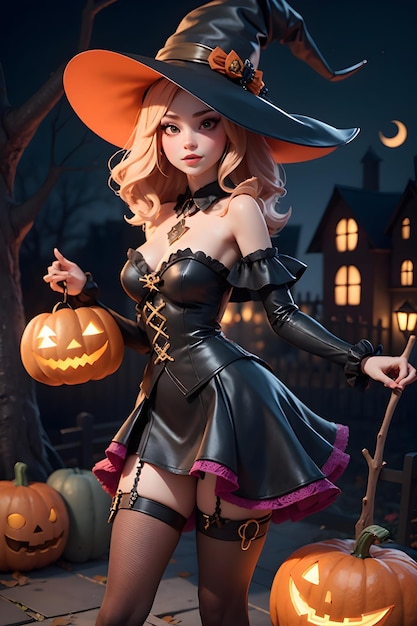 Retrato de uma bruxa com uma abóbora Halloween