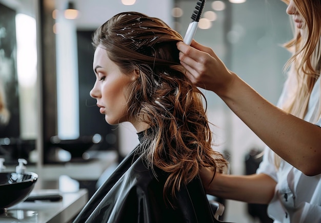 Foto retrato de uma cabeleireira fazendo penteado para uma jovem mulher