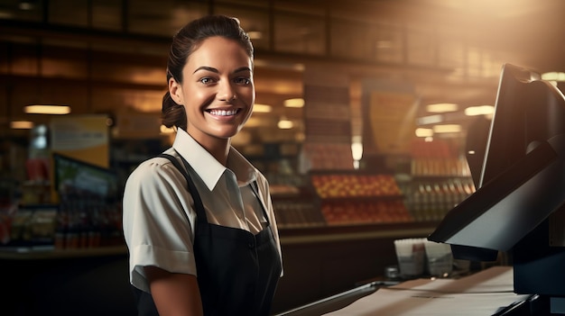 Retrato de uma caixa sorridente e alegre em uma mercearia simboliza o serviço amigável ao cliente