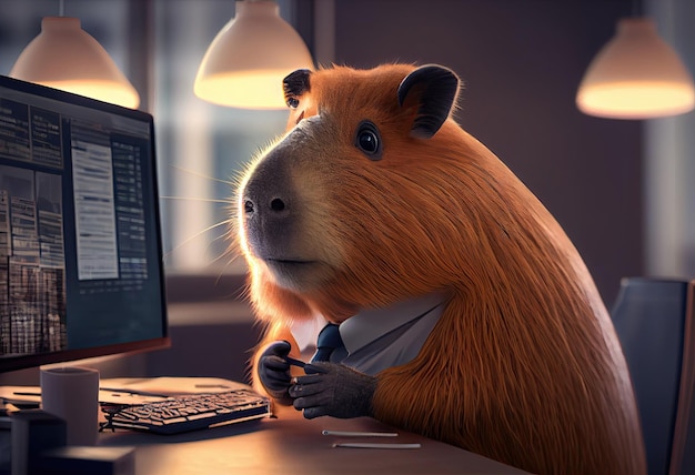 Retrato de uma capivara antropomórfica como desenvolvedora no escritório Generate Ai