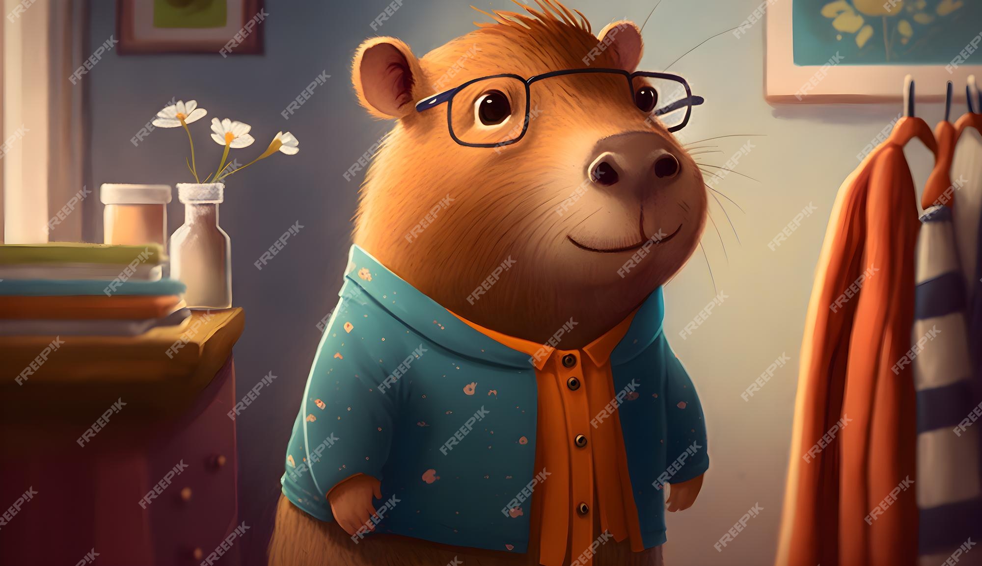 Um conjunto de personagem de desenho animado capivara vestindo uma camisa