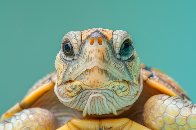 Foto retrato de uma cativante tartaruga de caixa com textura de pele detalhada contra um azul suave