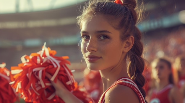 Retrato de uma cheerleader jovem em um estádio ensolarado