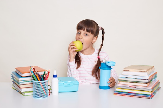 Retrato de uma colegial faminta com cabelos escuros e tranças, sentado à mesa rodeada de livros e mordendo maçã durante as férias, olhando para a câmera posando isolada sobre fundo branco