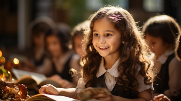 Retrato de uma colegial sorridente lendo livro enquanto está sentado na sala de aula Generative AI