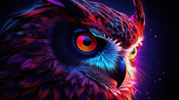 Retrato de uma coruja em cores de néon gerado pela IA
