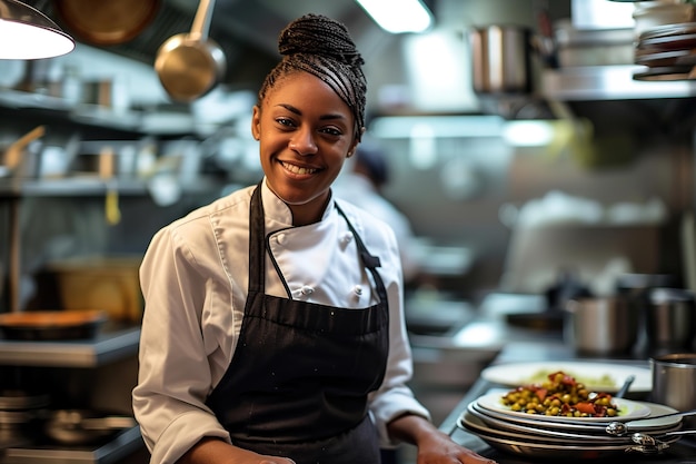 Retrato de uma cozinheira negra sorridente na cozinha de um restaurante