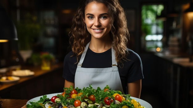 Retrato de uma cozinheira sorridente segurando um prato em uma cozinha comercial