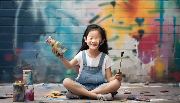 Foto retrato de uma criança asiática feliz sentada ao lado de graffiti