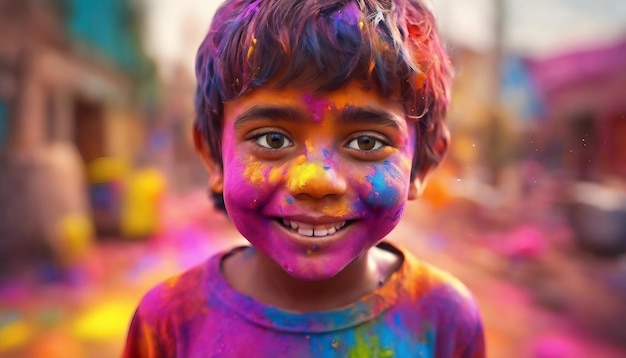 Retrato de uma criança bonita a brincar Holi com cores