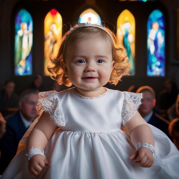 Foto retrato de uma criança com alguns meses no dia de seu batismo