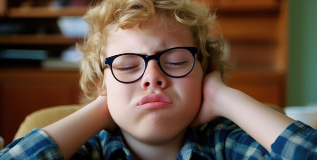 Retrato de uma criança com óculos está se sentindo entediado