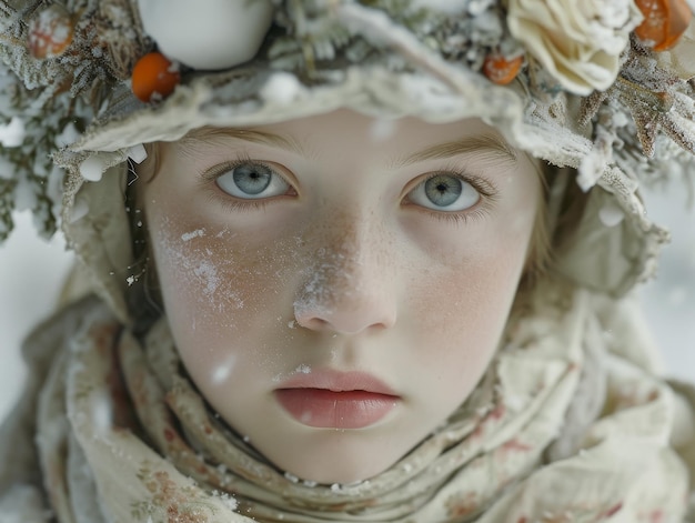 Retrato de uma Criança em Vestuário de Inverno com Flocos de Neve