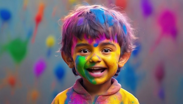 Retrato de uma criança indiana bonita jogando Holi com cores