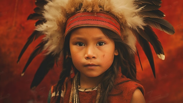 Retrato de uma criança indiana vermelha nativa contra um fundo vermelho gerado por IA