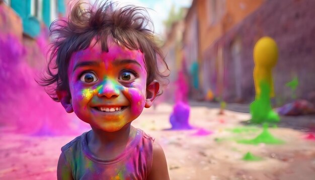 Retrato de uma criança jogando Holi com cores