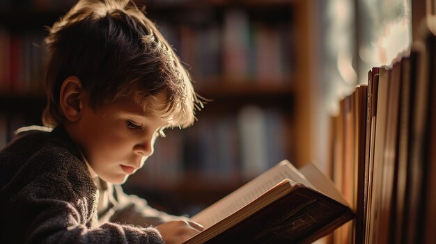 Retrato de uma criança segurando livros na biblioteca e lendo IA generativa